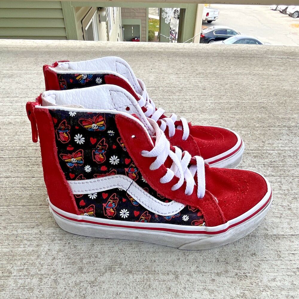 VANS Sk8-Hi Zip Kids High Top Sneakers Glow Butterfly Red Suede US 11 Skate Girl